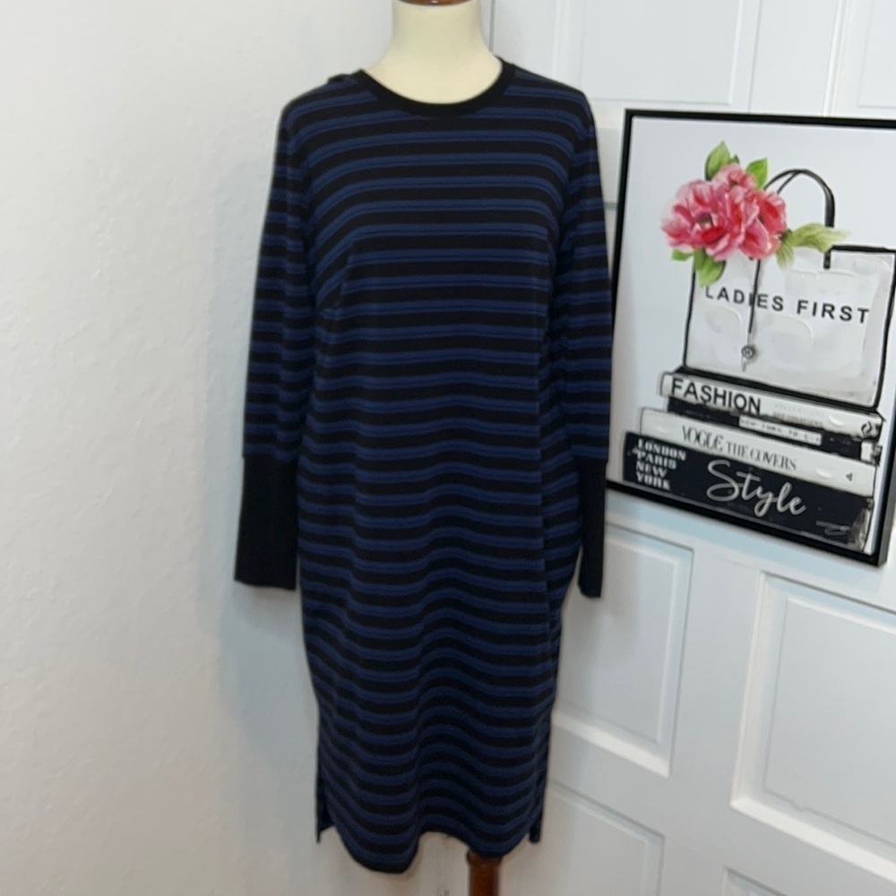 Universal Standard Navy & Black Striped Belted Shirt Dress 2XS